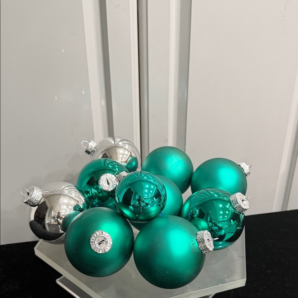 Elegant Glass Ornaments Teal Green & Silver Holiday Ornaments